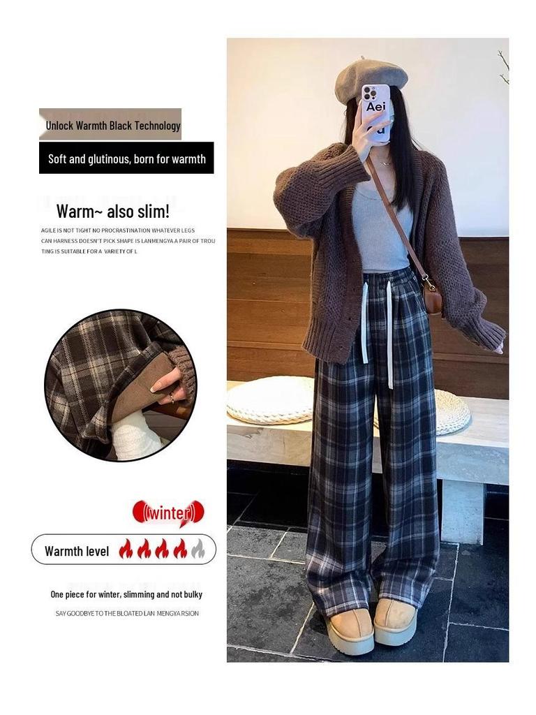 150cm Christmas Plaid Wide-Leg Pants for Petite Women - Autumn & Winter Casual Versatile Outfit