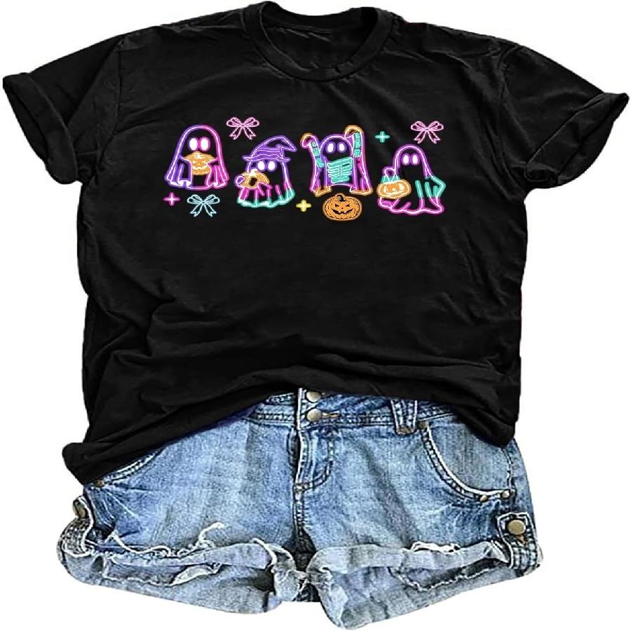 

Halloween Shirts Women Cute Ghost Graphic T-Shirts Funny Spooky Ghost Print Tee Fall Halloween Holiday Casual Tops XXXXXL чорний