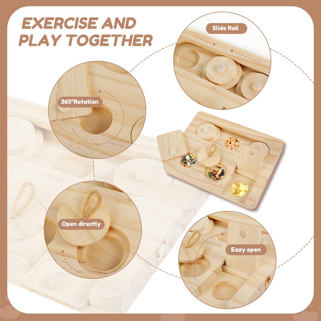 Wooden Guinea Pig Foraging Toy Treat Dispenser Toy with 6 Food Holes Interactive Hamsters Foraging Toy Pet Accessory for Rabbits