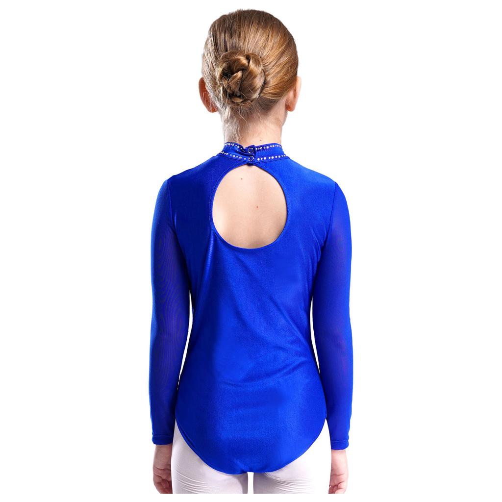 Girls Figure Skating Leotard Sparkling Rhinestones Sheer Mesh Long Sleeves Cutout Back Design Gymnastics Competition Costume