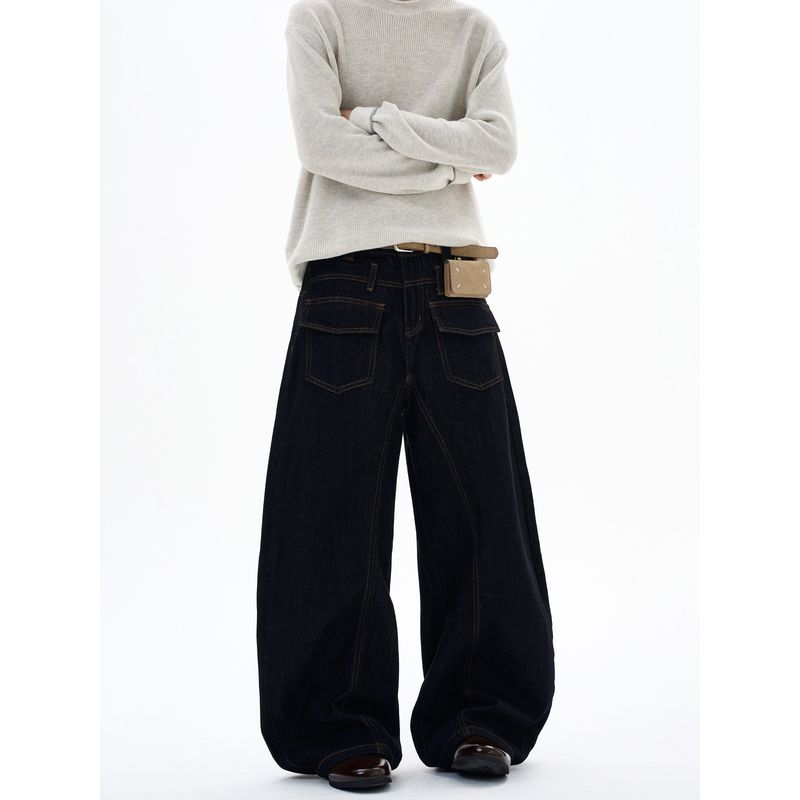 Kisko Designer-Style American Denim Black Washed Scimitar Jeans for Men and Women, Loose Straight-Leg Slimming Pants, Trendy