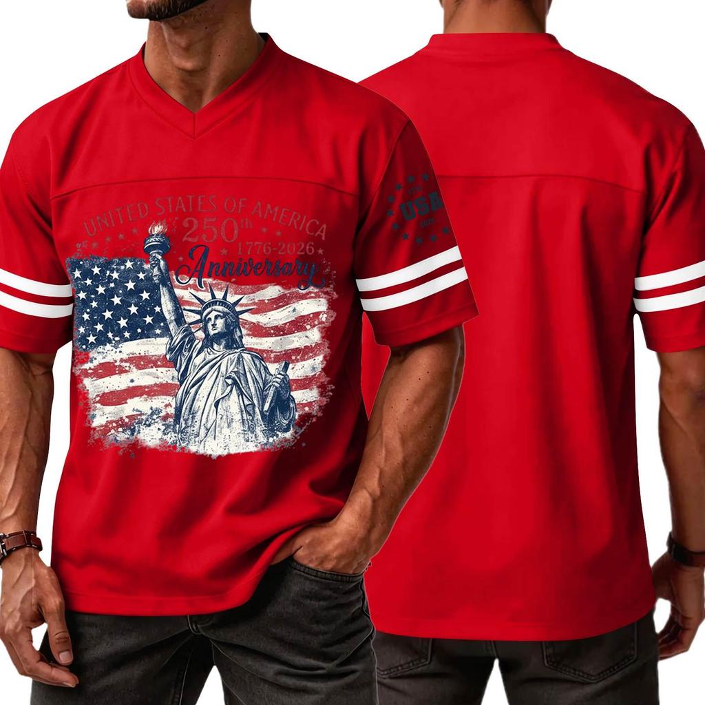 Mens V Neck Short Sleeve Jersey Style T Shirt with States 250th Anniversary Print and Flag Graphic