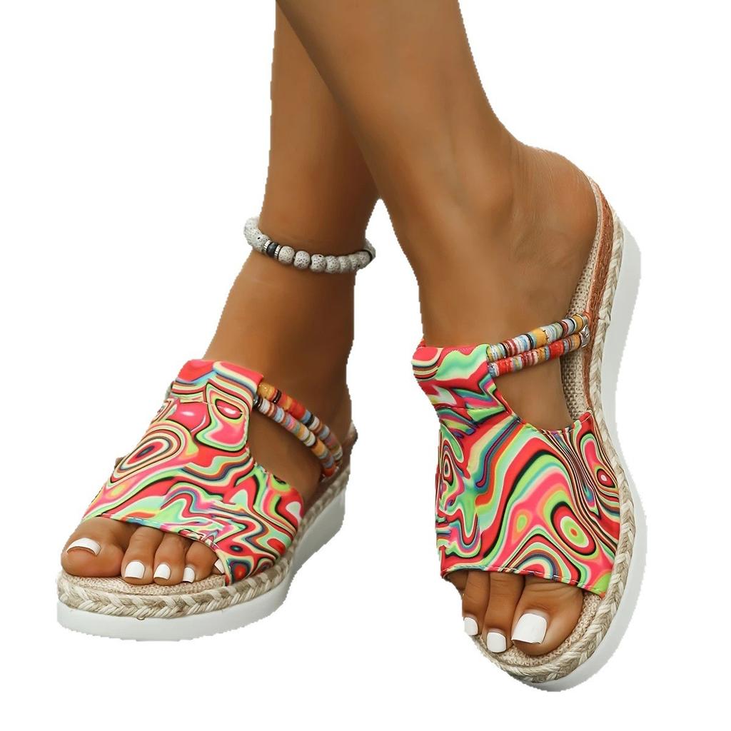 Fashion Rainbow Graffiti Wedge Heels Sandals for Women Summer 2025 Peep Toe Platform Sandals Woman Buckle Strap Thick Bottom Beach Shoes