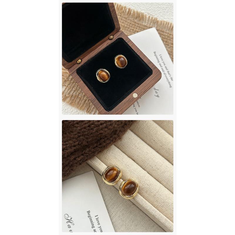 Vintage Retro Tiger Eye Stone Stud Earrings For Women Unique Niche Design Jewelry
