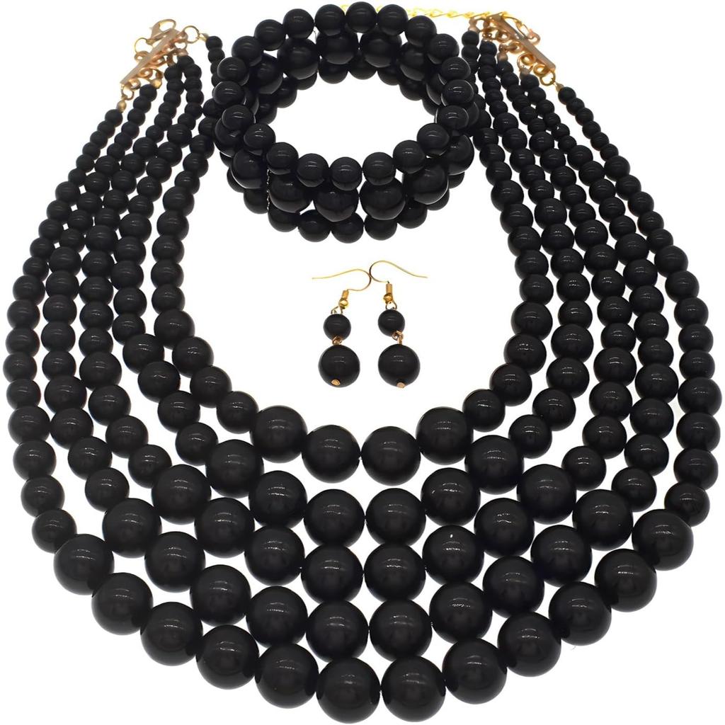 Perlen-Halskette für Damen Mehrsträngiges Armband und Ohrringe Set Kostümschmuck Zubehör