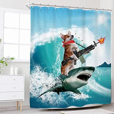 Roliga Duschdraperier för Barn för Badrumsinredning Corgi Söt Hund som Rider Haj Nautisk Hav Pojkar Djur Urrolig Tyg Polyester