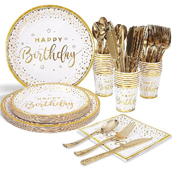 175PCS Happy Birthday Plates and Napkins Party Supplies, Paper Pink and Rose Gold Plastic Forks Knives Spoons Serve 25 Guests for Girl Women