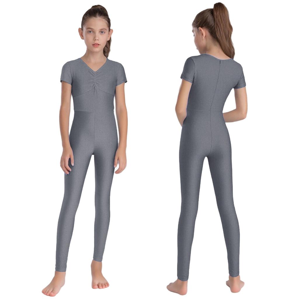 Kids Ballet Bodysuit V Neck Short Sleeve Ruched Front Leotard with Back Invisible Zipper for Gymnastics Figure Skating Performance