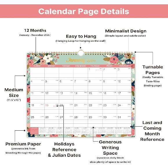2026 Calendar - 2026 Wall Calendar, Jan 2026 - Dec 2026, 2026 Wall Calendar 12 Month, 15" X 11.5", Twin-Wire Binding, Julian Dates, Large Block,