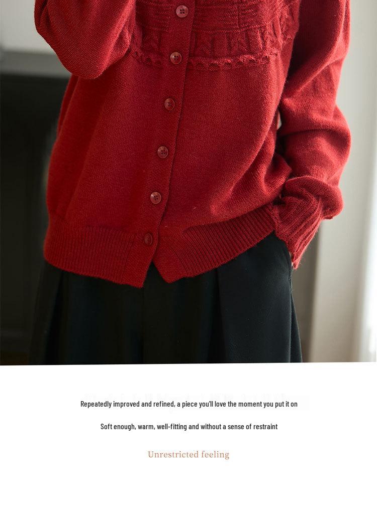 Petite Women's Ruffle Jacquard Half-High Collar Knit Cardigan - Retro French Autumn Style