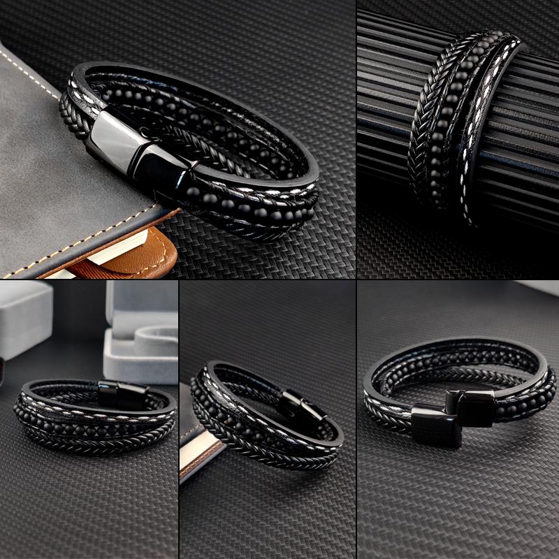 MingAo Punk Stainless Steel Beaded Custom Name Men Charm Bracelet Multi-layer Bangle Leather braid Magnet Clasp bracelet Jewelry