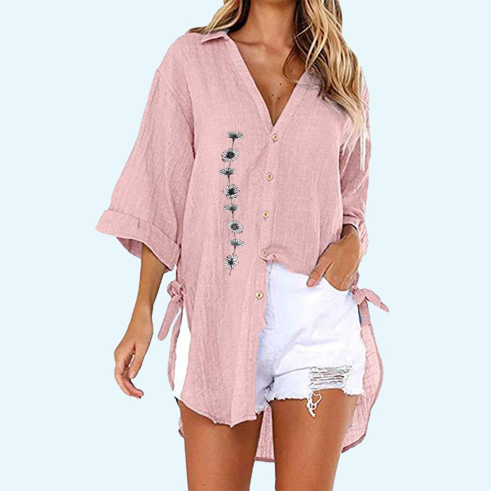 

Женская рубашка на пуговицах с принтом, летняя и осенняя модная футболка с коротким рукавом, женская повседневная рубашка с v-образным воротником, свободные длинные блузки 5XL розовый