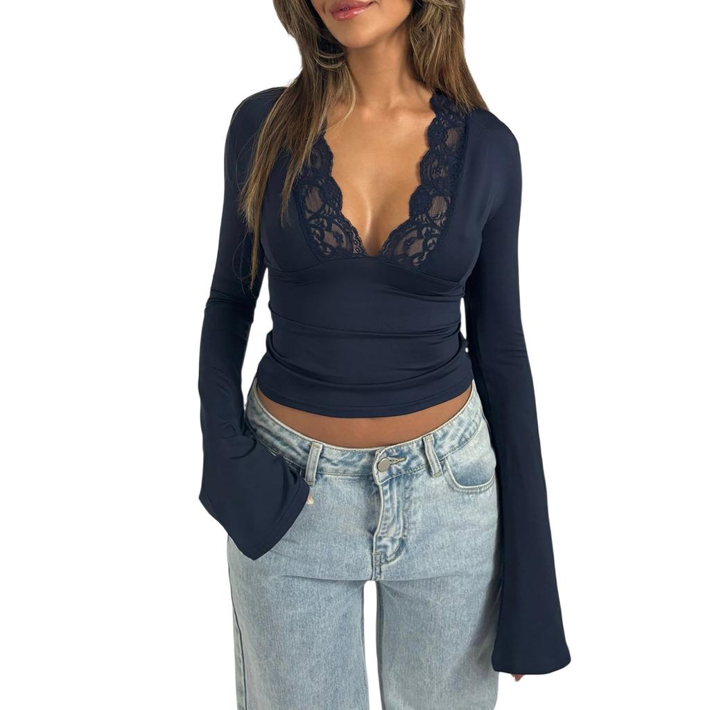 Women's Fall Tops Slim Lace Trim Deep V Neck Bell Sleeve Crop Shirt Casual Streetwear