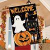 Welcome Halloween Garden Flag - Cute Smiling Pumpkin, Bat, & Black Cat Design, Double-Sided Outdoor Decoration, Polyester, Halloween Decorations