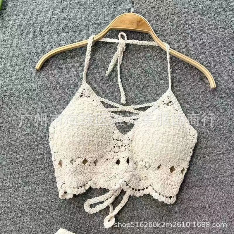 New fashionable and sexy tube top with small suspenders for women's summer seaside beach lace-up hollow knitted neck top