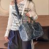 Cross-border locomotive bag retro washed denim cloth splicing portable large-capacity travel shoulder messenger bag
