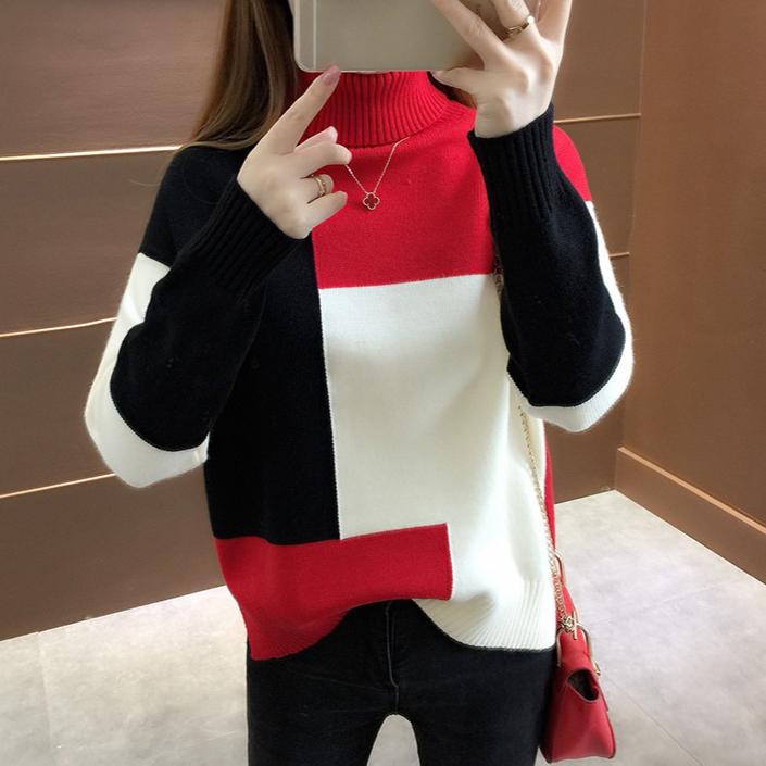 Fall/Winter Women Turtleneck Sweater Loose Color-Block Thick Pullover Knitwear Stretch Long-sleeved Split Knit Top Jumper Outwear