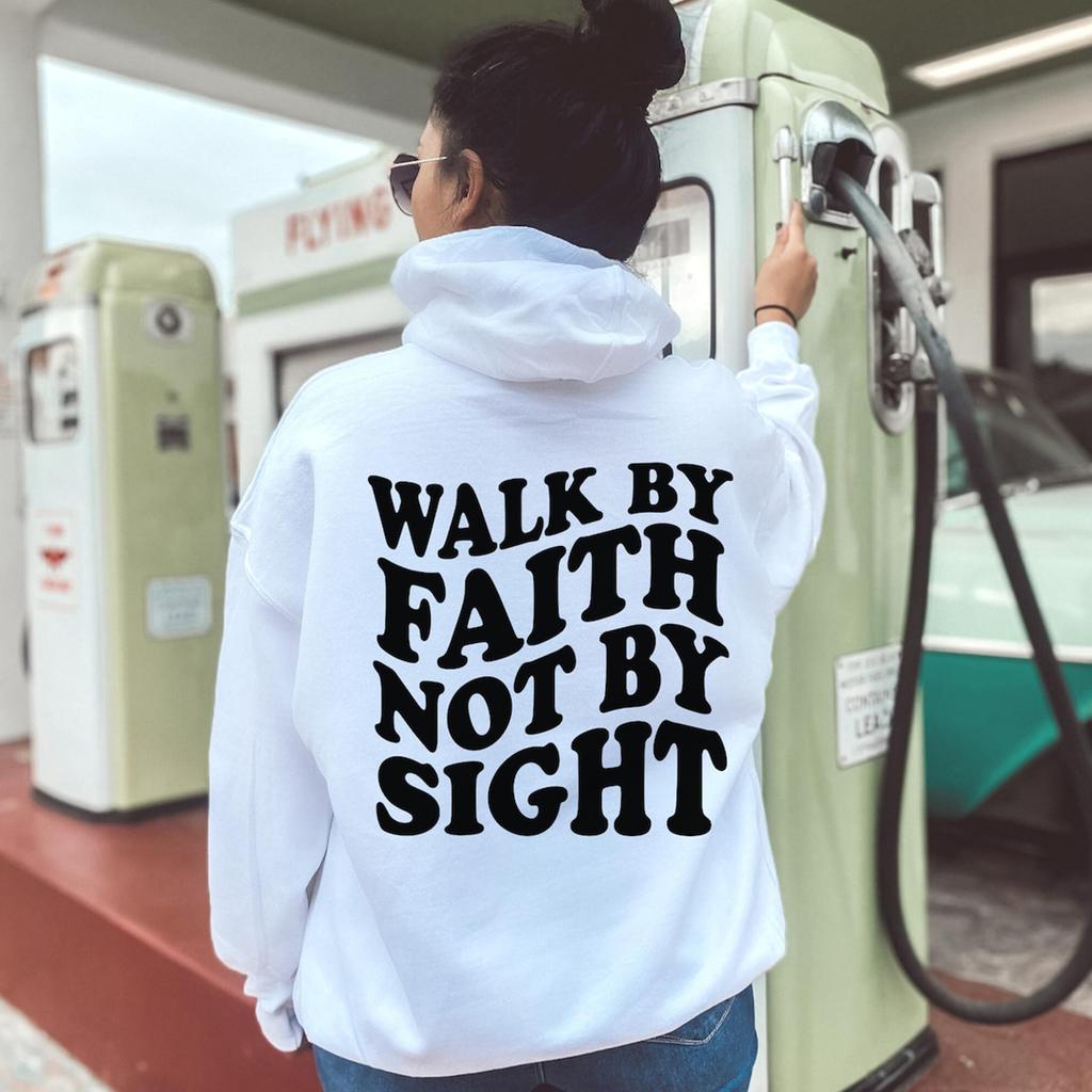 Walk By Faith Not By Sight Letter Printed Hoodies Casual Women Sweatshirts Fleece Warm Pullover Crewneck Loose Female Clothes
