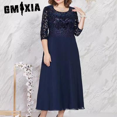 Spring and Summer Festival Plus Size Women's Dresses Splicing Lace Chiffon Slimming Senior Dresses
