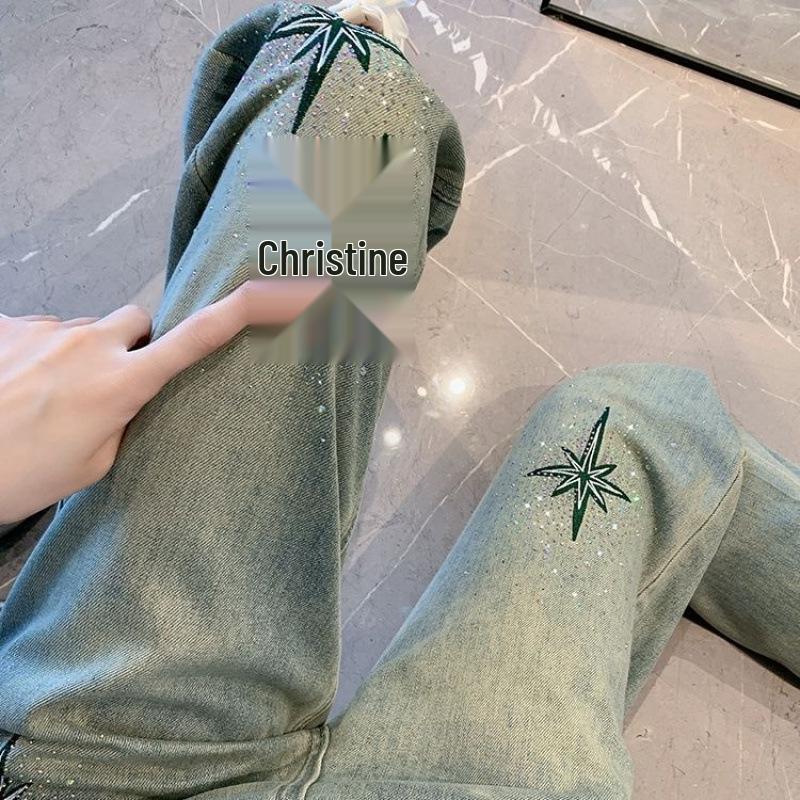 European Retro Embroidered Rhinestone High-Waist Slimming Straight-Leg Women's Jeans - 2024 Plus Size Fashion