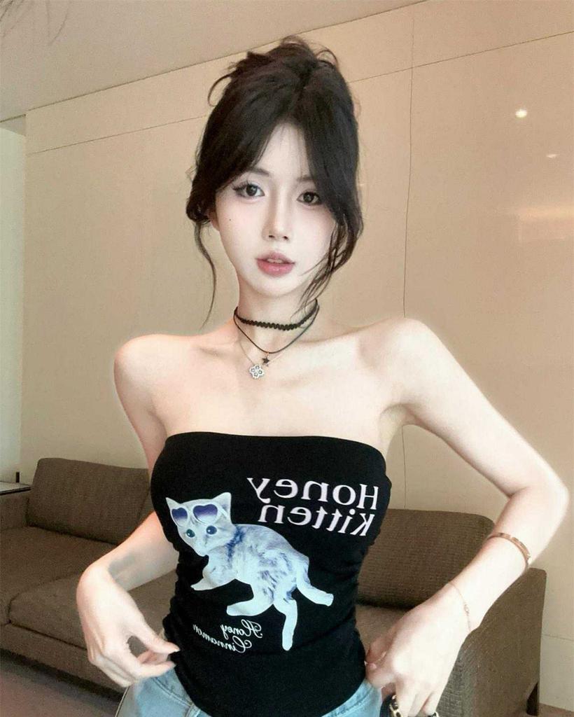 American Spice Girl Style Tub Top Women's Cat Print Design Sense Year Summer Slim Fit Sexy Chest Wrap Vest