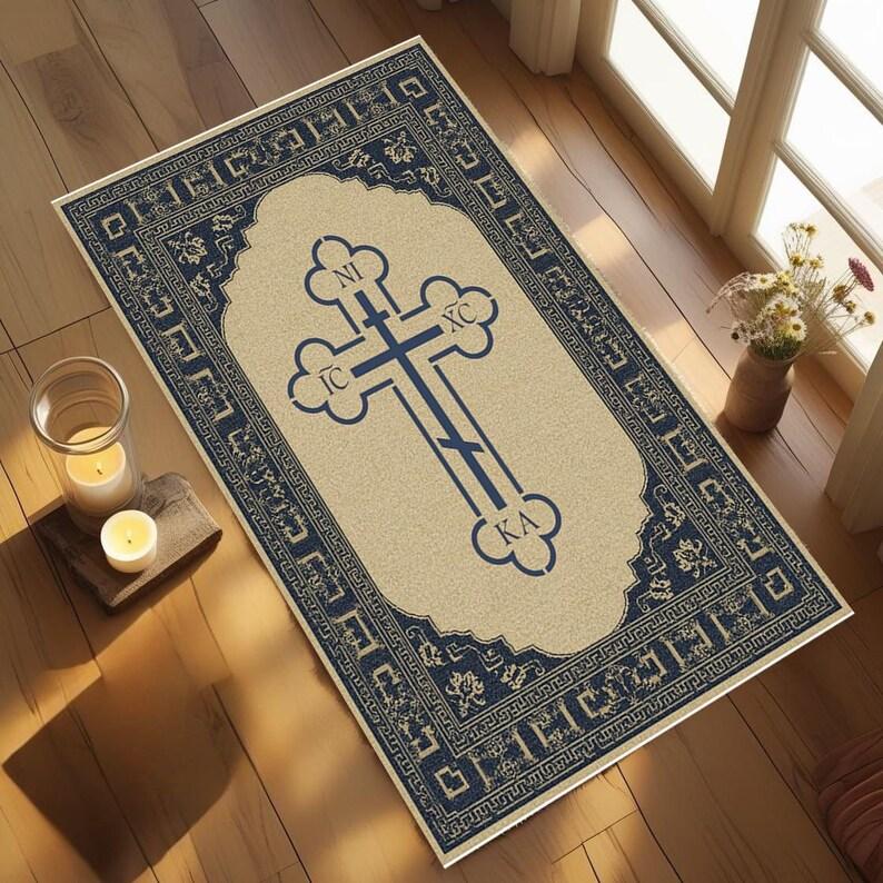 Classical Greek Key Orthodox Cross Rug Christian Prayer Mat for Bedroom Home Decor Area Carpet