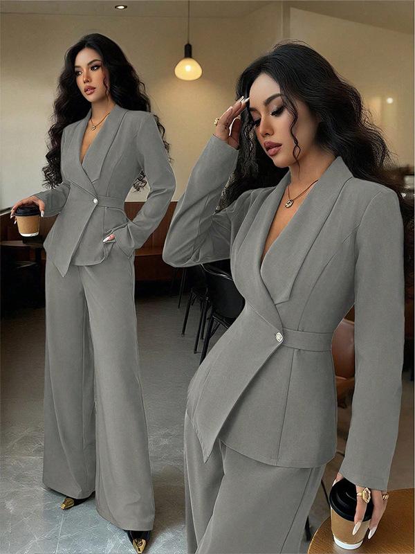 Women's Tailored V-Neck Blazer and Wide Leg Pants Suit Set