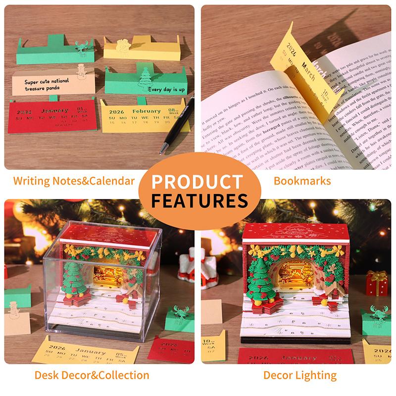 Time Piece Calendar 2026 Desk Calendar With Led Light 3D Tear-Away Calendar Paper Carving Art Memo Pad Notepad Gift Christmas