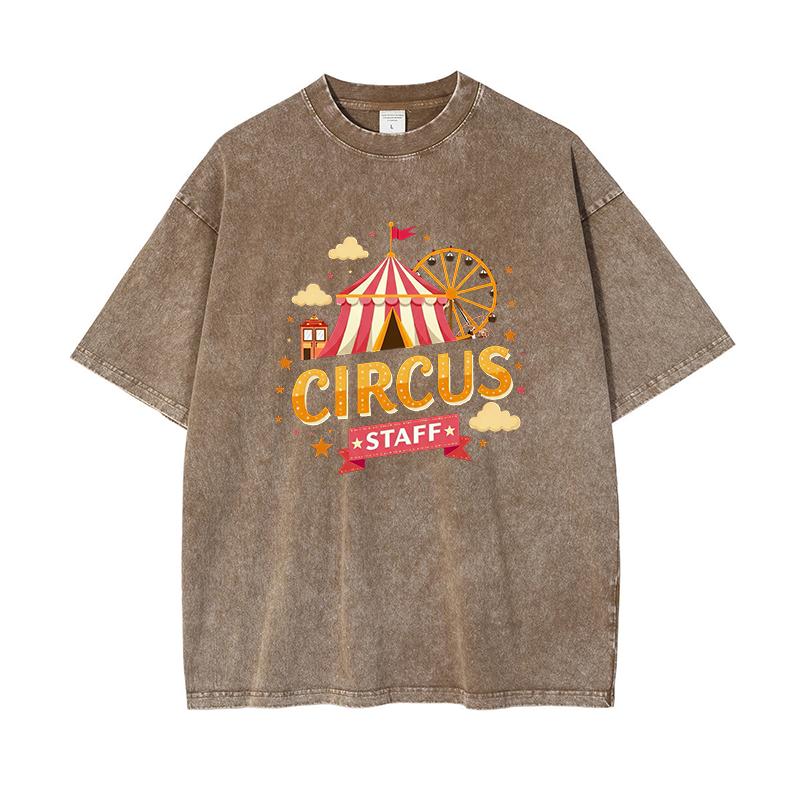 Vintage Circus Printed Summer Washed Acid T-Shirt Harajuku Korean Cotton Short Sleeve Carnival Festival Male Tunics