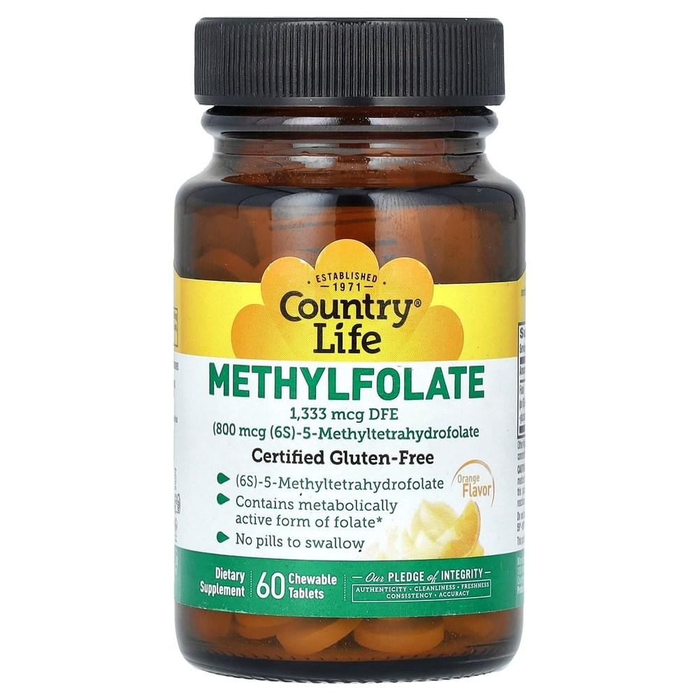 Country Life Methyl Folic Acid Orange Flavor 800mcg 60 Chewable Tablets Active Folic Acid Folic Amino Acid Vitamin B | 60 Tablets 1 pcs