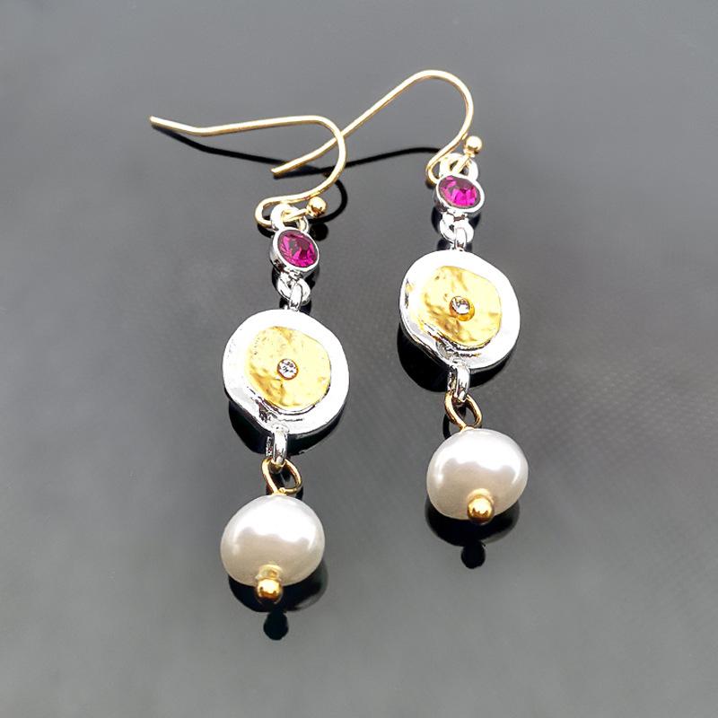 Wholesale Fashion Gold Disc Imitation Pearl Long Earrings Ladies Korean Style Red Rhinestone Drop Dangle Earring For Women