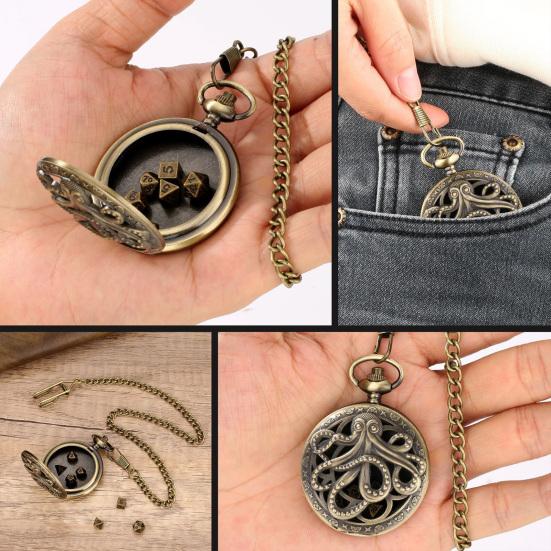 Mini DND kocka szett Poliéder kocka láncos Steampunk Gear Octopus zsebóra kockakészlet