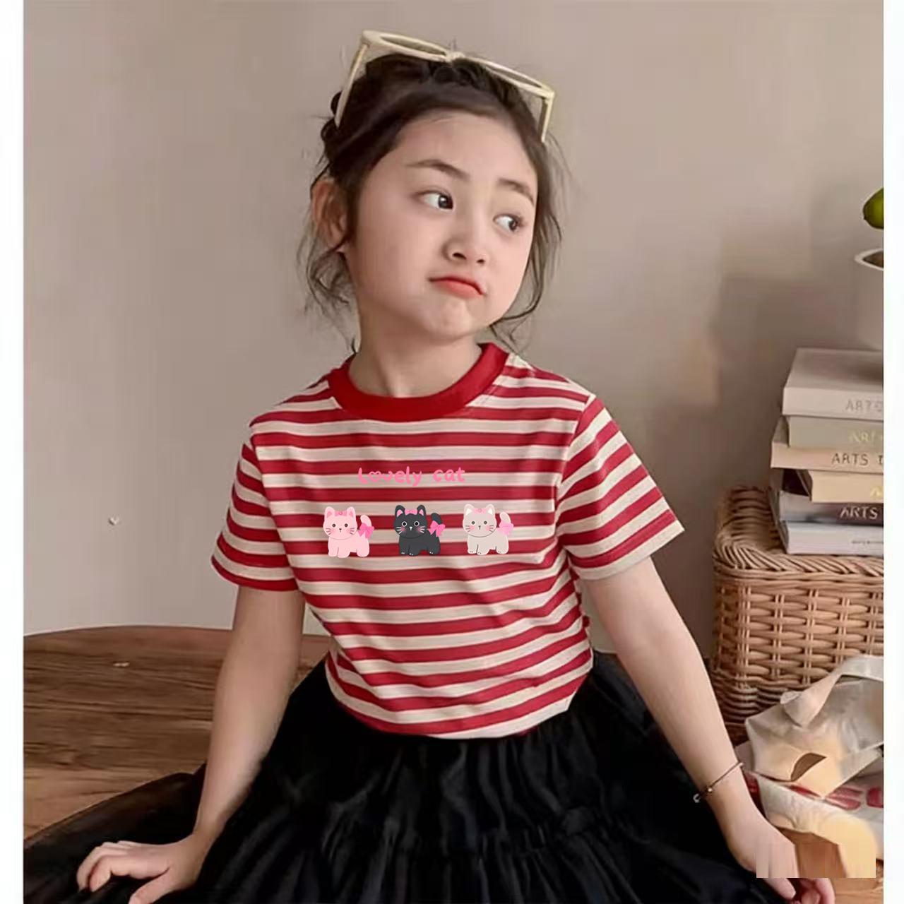 Girls Summer Cotton Striped Short Sleeve T Shirt Cartoon Round Neck Top 90