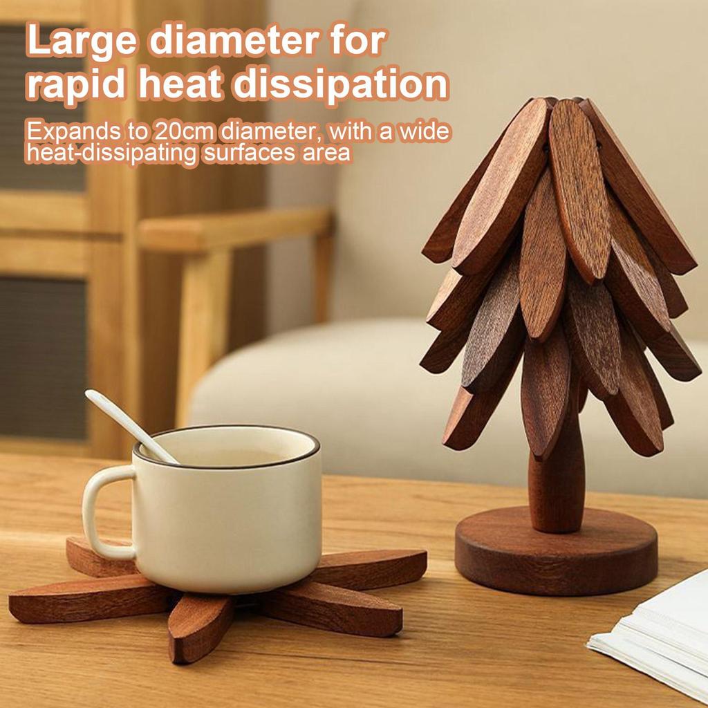 4 Tripods and 1 Bracket Wooden Trivets for Hot Dishes Folding Tree Shape Black Walnut Table Mat Holders Heat Insulated Pad Set