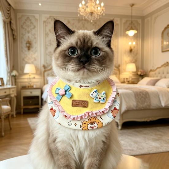 Pet Bib Adjustable Elastic Cord Cat Bandana with Cartoon Pattern Printed Breathable Cat Collar for Small to Medium Pets