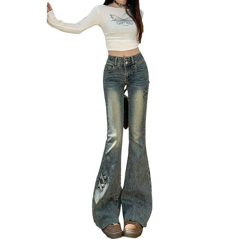 Big Yards Micro Flare Jeans Female Slim High Waist Design Sense Double Button Retro Elastic Flare Trousers Jeans for Women Long Denim Pants