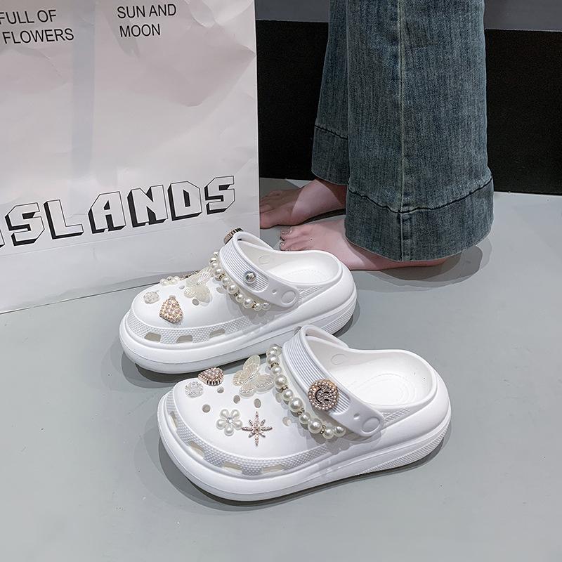 Little Fairy Pearl Chain Thick-soled Hole Shoes Female Summer Crystal Butterfly Eva Bag Head Drag Cool Slippers