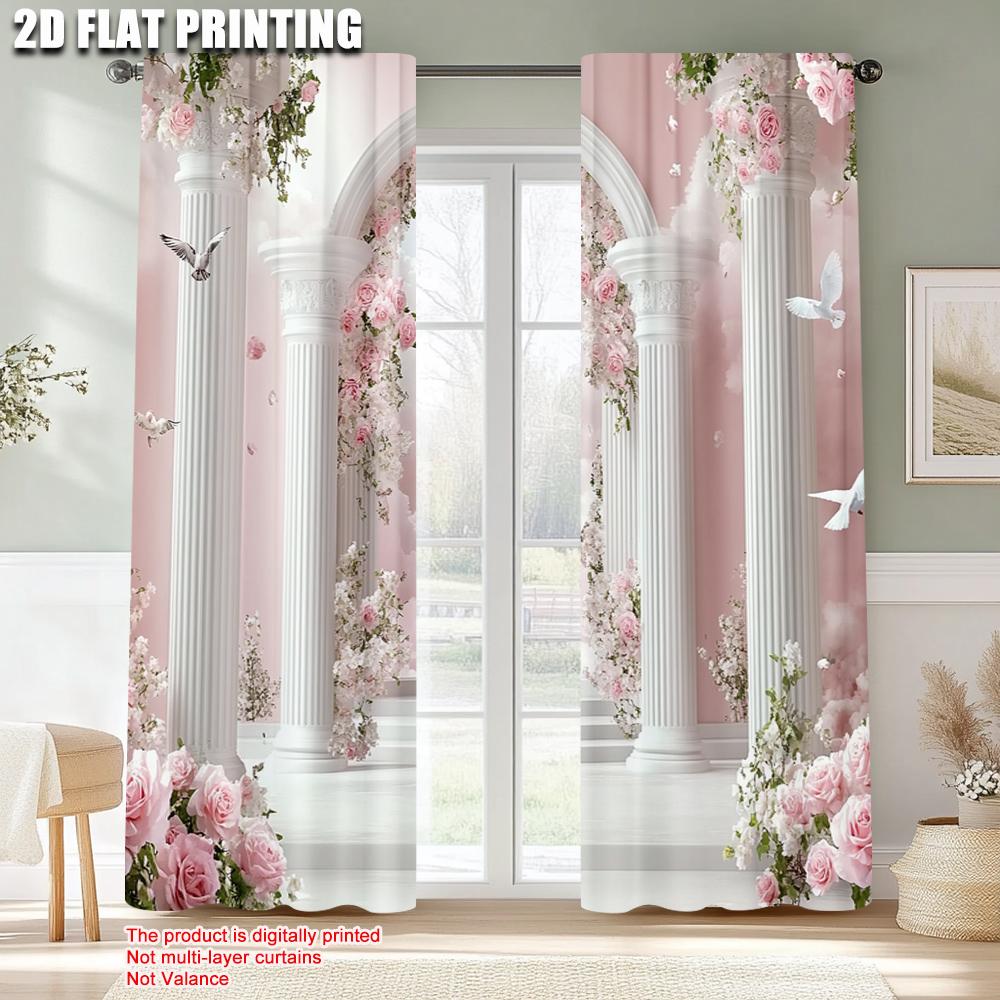 Curtain Set Print Pink Rose Arch Column Durable Polyester Without Rod Gifts Use Living Room Bedroom Home Curtains Of 2 Made Great Decor