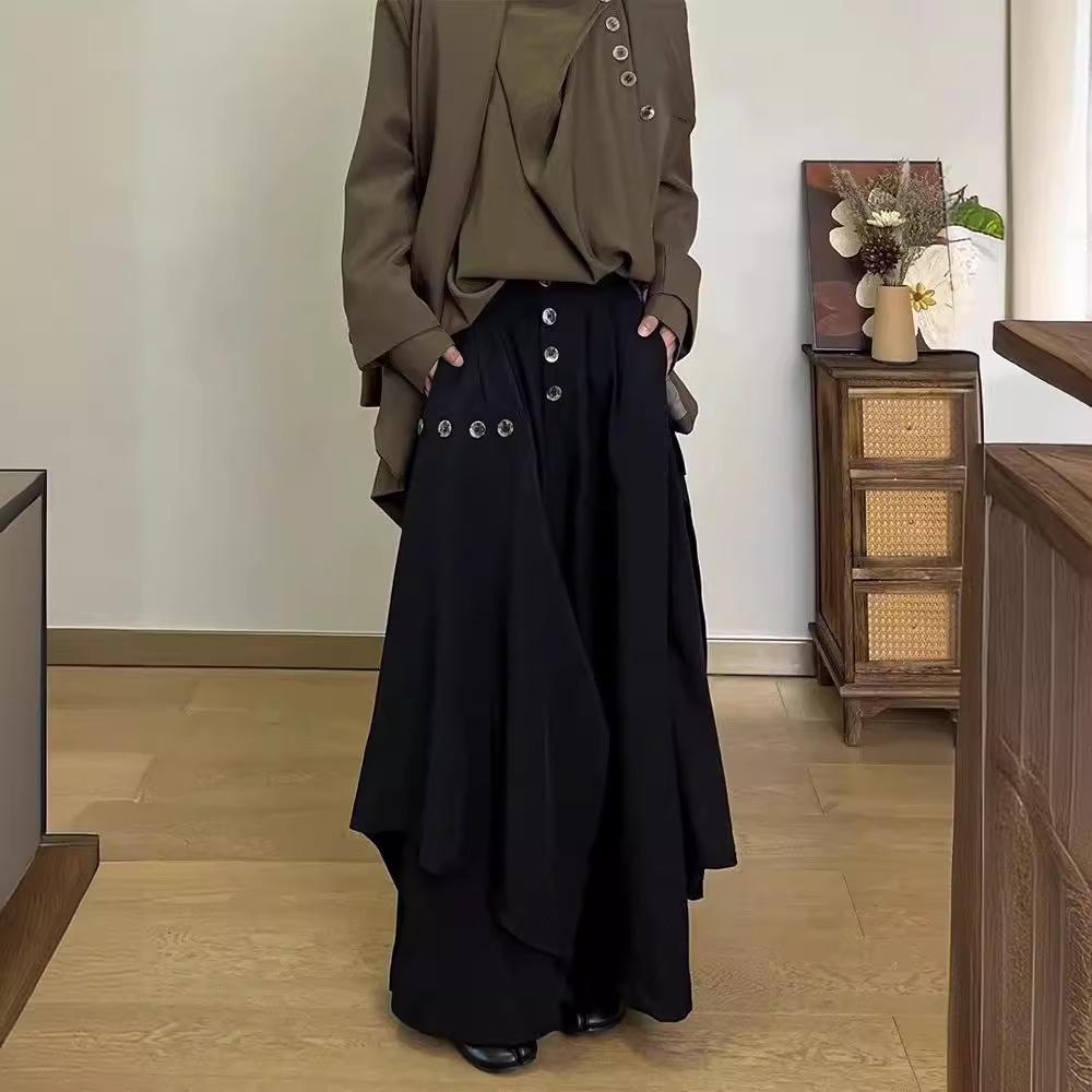 Men's Premium Japanese Nine-Point Wide-Leg Skirt Pants with Irregular Buttons