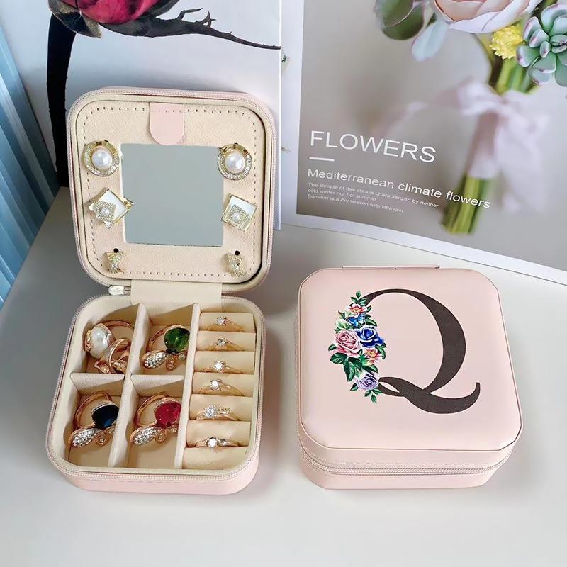 PU Leather Jewelry Box Mirror Storage Box 26 Letter Printed Portable Jewelry Organizer Earring Ring Necklace Case