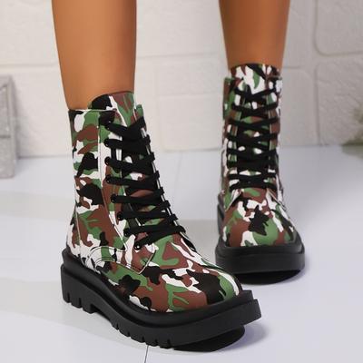 Autumn and Winter New Printed Martin Boots Women's Short Boots Round Head Lace-up Low-heeled Foot Cover Camouflage Short Boots