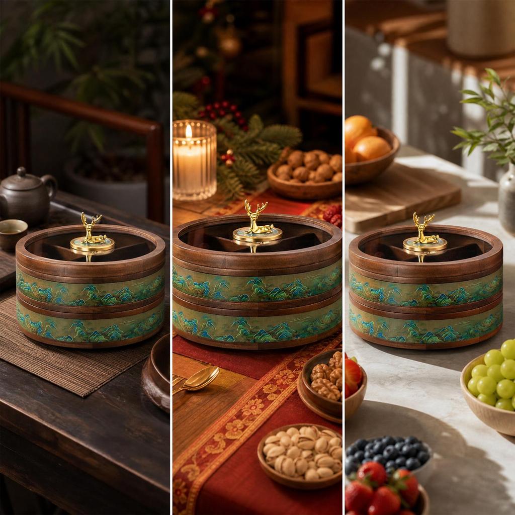 Wooden Snack Storage Box Multifunctional Round Divided Serving Tray with Lid Compartmentalized Dried