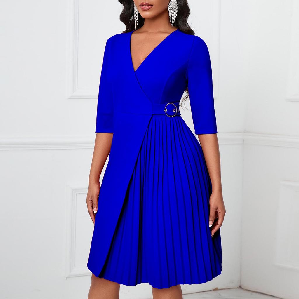 Europäisches & Amerikanisches Damenkleid mit V-Ausschnitt, Taillenbetonung, Plissee und mittleren Ärmeln