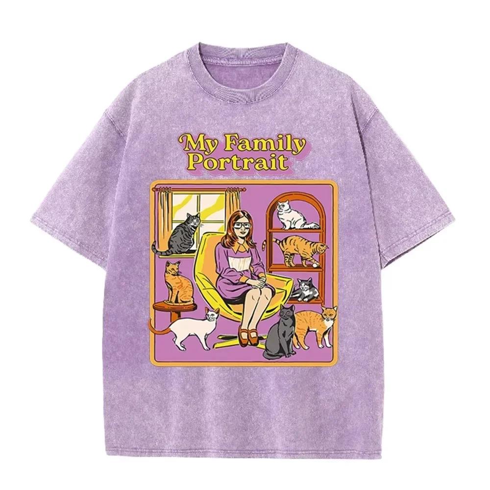 Distressed Purple Vintage Tee Funny Cat Lady My Family Portrait Cartoon Print Loose Oversized Short Sleeve Tshirt