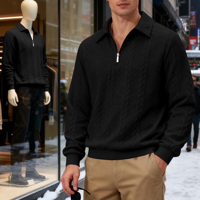 TikTok Men's Jacquard Polo Shirt: Casual Loose-Fit Hoodie with Lapel and Long Sleeves