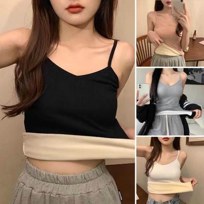 Women Sleeveless Thermal Tank Top Spaghetti Strap Fleece Lined Underwear Top Warm Camisole Base Layer