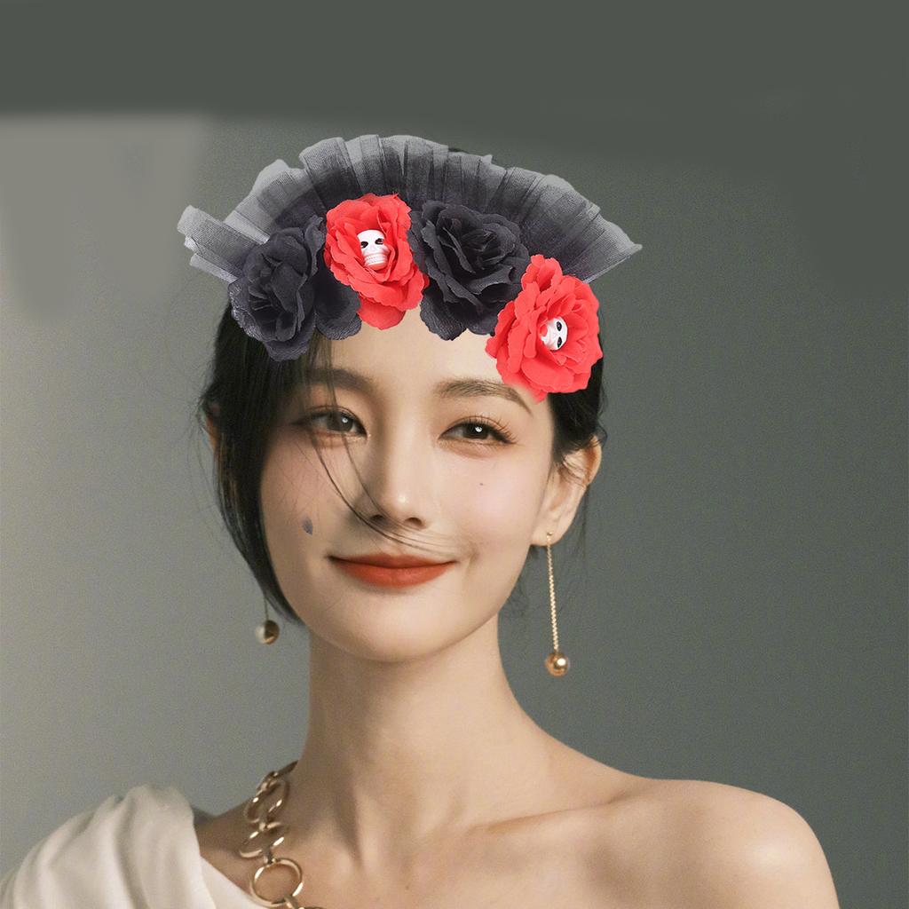 Scary Eyeball Flower Headband Costume Cosplay Accessories Skull Headdress with Tulle Rose Party Wear Gift for Boys Girls