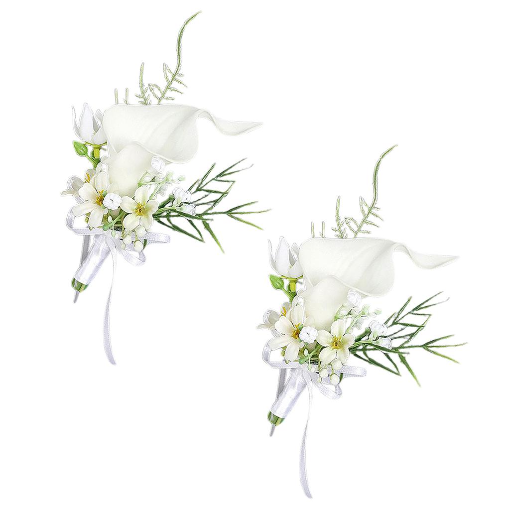 2PCS Wedding Boutonniere Artificial Flowers Bride Groom Corsages for Ceremony Party