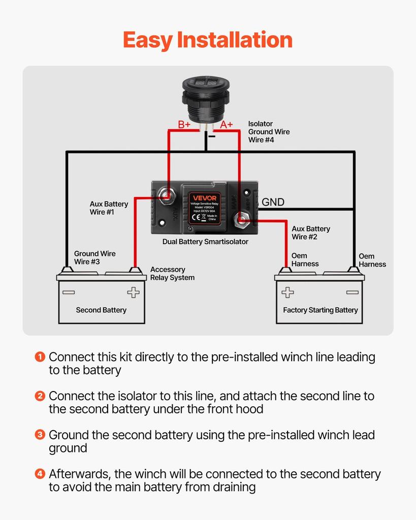 Dual Battery Isolator Kit, 12V 80 Amp, Manual and Automatic VSR Voltage Sensitive Relay with Voltmeter, LCD Screen, Smart Battery Isolator, Compatible