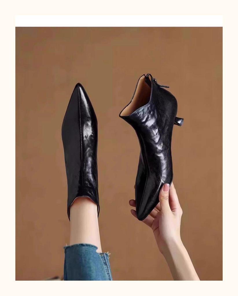 Women's V-Cut Stiletto Heel Ankle Boots, Pointed Toe, Fleece-Lined, Back Zipper - 2025 Autumn/Winter Collection.